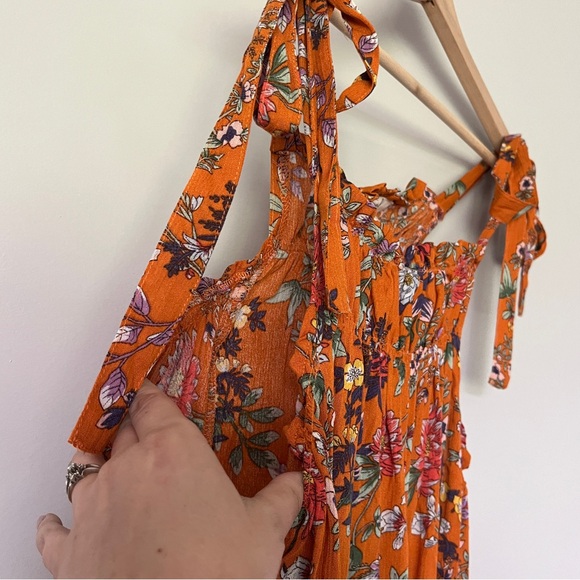 Easel Dress Size Medium Orange Floral Sundress Tie Straps Flowy Boho - Picture 3 of 11